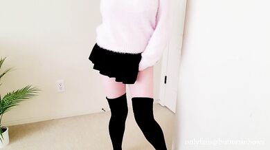 Hot milf mom in pink pussy soaking those high knee socks and buttons n bows