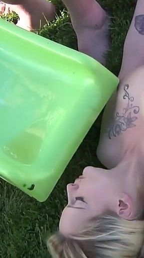 Big Tittied Tatoed Blonde Babe Gets Golden Showered From Two Guys, Thereafter She Pisses One Guy in His Mouth