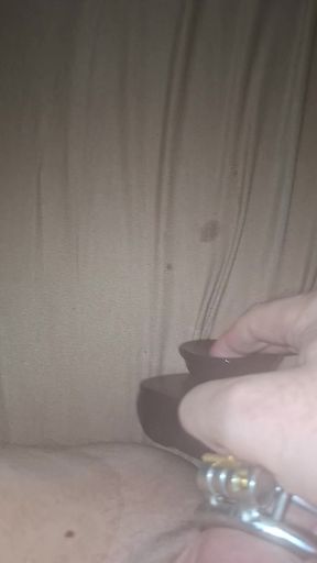 First time fucking myself with a dildo in CHASTITY CAGE Sissy,need real dick