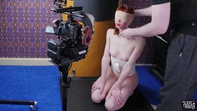 Blindfolded ginger slavegirl gagging prick