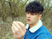 Twink wanks with penis plug outdoor - Cum leaking with urethral ball inside