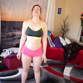 Aurora Willows stretching in hot cameltoe shorts