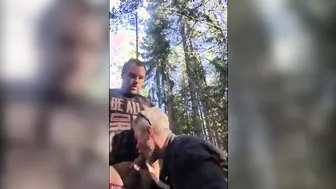 Bear gets bareback fucked by stranger while gay cruising outdoors