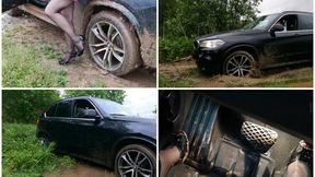 Crazy girl makes drift in mud and stuck hard in powerful BMW X5M