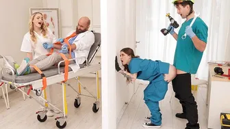 Tattooed nurses eagerly taste a big cock poking through the office wall