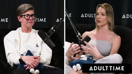 Lesbian babes caught eating pussy on podcast set