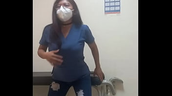 Delicious nurse is hot!! She touches her buttocks and tits while she is alone in the hospital waiting room