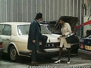 Glamorous black officer old partner's gun with her sexy throat