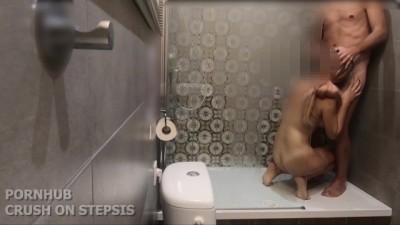 Steamy Bathroom Encounter: Virgin Stepsis Gives Hard Cock Handjob and Blowjob