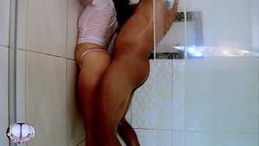 I don't know why the hubby doesn't fuck this woman &mdash;  she has a big ass and likes to fuck her ass hole &mdash;  in the shower it makes everything easier  I put my dick in her ass and fuck her hard &mdash;  she likes it that way