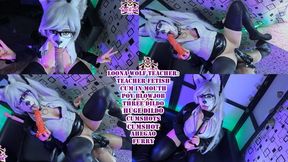 Loona Wolf Sexy Teacher: Huge Dildo, BJ, Ahegao & Cum in Mouth . Black Kitsune Fox