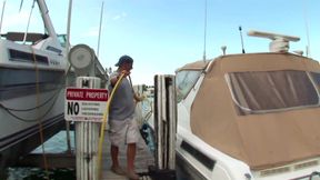 Hot slut jerks off a big cock on her big tits