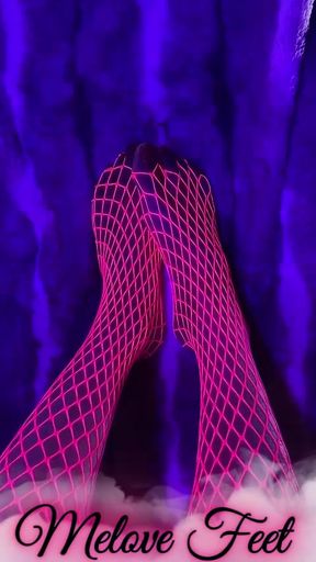 Pink neon fishnet on sexy small Asian feet with long toes