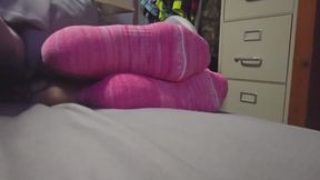 Chrissy candid pink socks in bed
