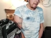 Transman slut masturbating in office chair first time in front of camera
