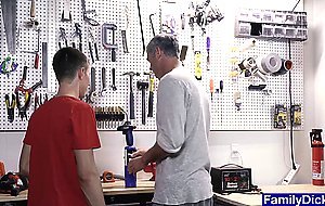 Stepdad catches twink playing with tools and fucks him