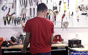 Stepdad catches twink playing with tools and fucks him