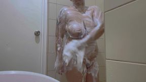 horny indian desi aunty touching sexy soapy breasts and hairy pussy in the shower
