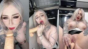 hot blonde milf with glasses fucks herself in the kitchen with a big cock