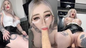 hot blonde milf with glasses fucks herself in the kitchen with a big cock