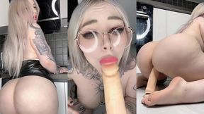 hot blonde milf with glasses fucks herself in the kitchen with a big cock