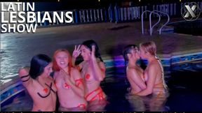South American Latin Lesbians kiss and play with their snatches in a pool