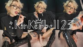 Smoking 120 cigarette and stroking strap-on with PVC boots and skirt - Kinkerbell23