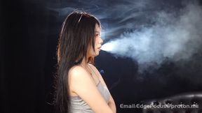 Asian Beauty Exhales Dense Cigarette Smoke Clouds with Glass Ashtray Tease HD