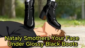 Boot Face Trampling - Nataly Smothers Your Face Under Glossy Black Block Heel Boots