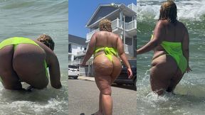 juicy big booty bbw with thick legs at the beach in see through sheer top - big areolas - heels