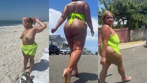juicy big booty bbw with thick legs at the beach in see through sheer top - big areolas - heels