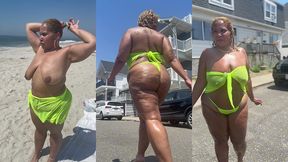 juicy big booty bbw with thick legs at the beach in see through sheer top - big areolas - heels