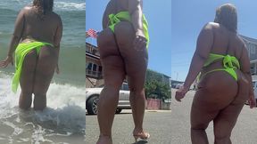 juicy big booty bbw with thick legs at the beach in see through sheer top - big areolas - heels