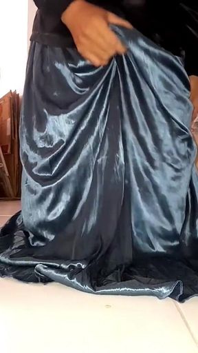 Crossdresser Cumming Wearing Satin Silk Blouse and Shiny Skirt
