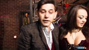 One guy gets to have a threesome with two sluts in the sex dungeon