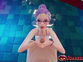 Hot Tsukiyama Pool 3D Hentai Two Hands Handjob In Water, Frenulum Licking & Deepthroat Cumshot
