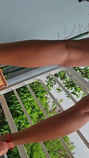 Hot Hairy Amateur MILF Pissing on Balcony in Rain