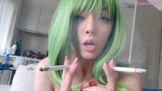 Cute Green Hair Egirl smoking 2 cigarettes at the same time (full vid on my 0nlyfans/ManyVids)
