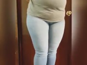 Pee desperation locked out of the bathroom