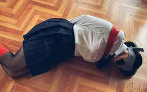 Asian slave girl gags on deepthroat while blindfolded and restrained