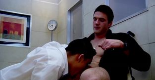Twink gives this older male a proper blowjob on the hospital bed