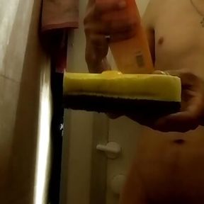 Slender guy washes in the shower and films himself