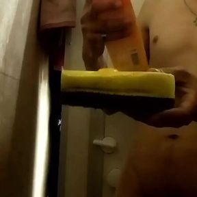 Slender guy washes in the shower and films himself