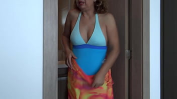 58-year-old Latina wife shows off in swimsuit on the beach