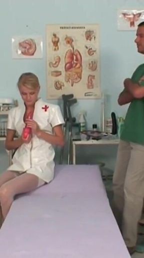 The gynecologist fucks his blonde nurse who loves to masturbate with big dicks