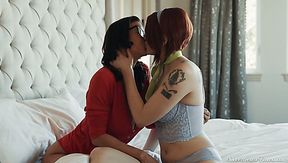 Horny busty nerdy MILF Alexis Fawx lures charming babe to eat her wet pussy