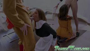 Skinny teen takes on big cock in kinky foursome