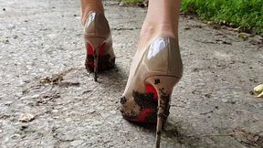 high heels outdoors, high heels stuck, dirty shoes, muddy high heels, high heels in forest