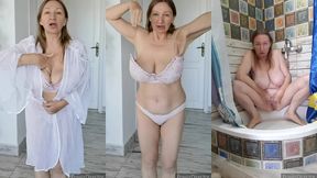granny pee in bathroom. gilf with huge saggy tits.