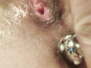 Close-up puckered butthole, close-up booty-plugion, throbbing anal climax, soaked swollen twat